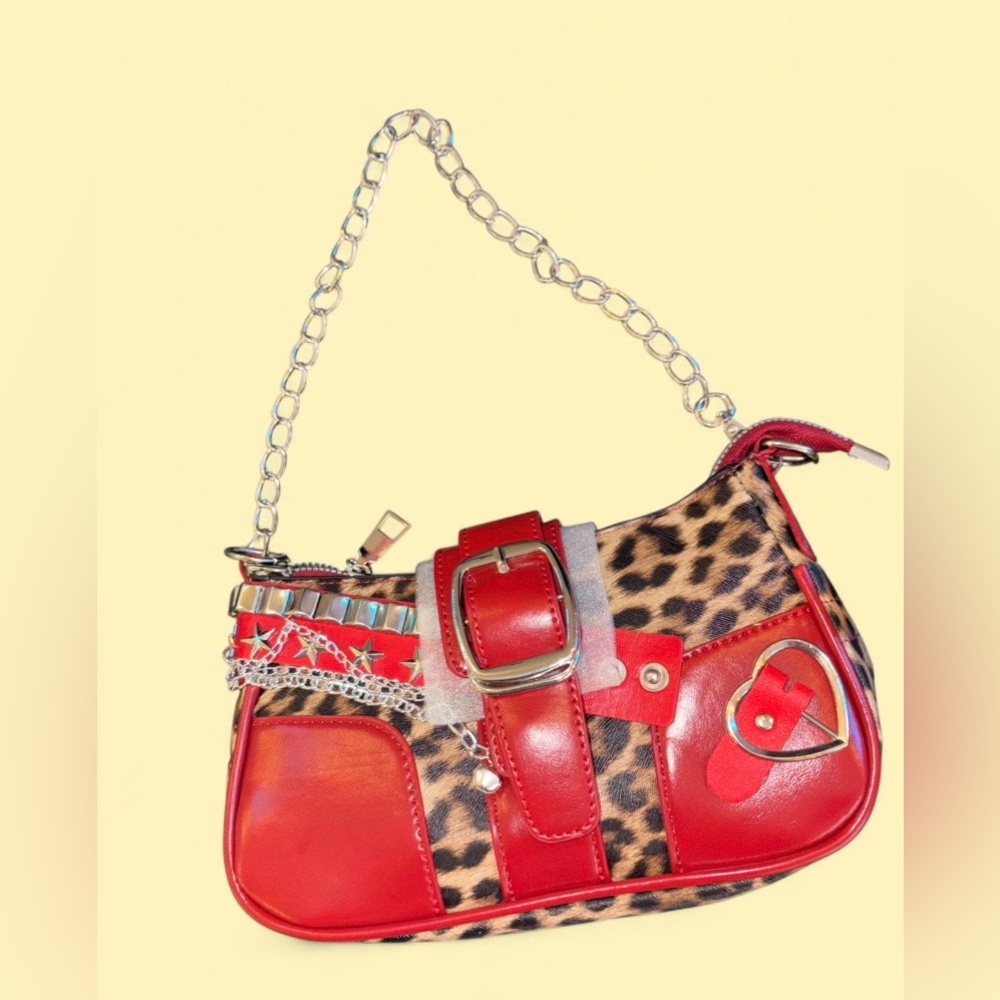 Y2K Leopard Print Shoulder Bag Red Studded Chain Punk Grunge Purse - NEW - Picture 3 of 9